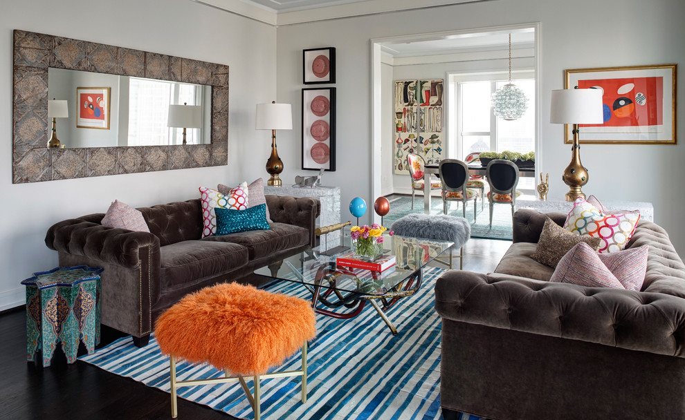 Mid-sized eclectic formal and enclosed dark wood floor living room photo in Chicago with white walls