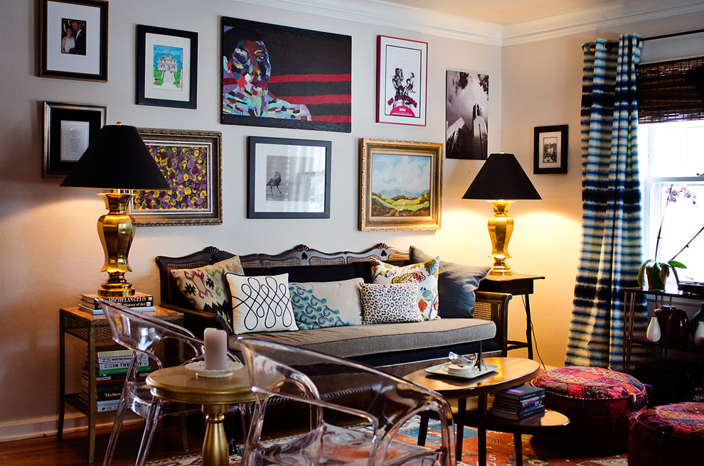 Inspiration for an eclectic living room remodel in Omaha with beige walls