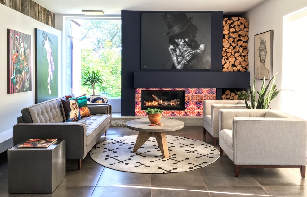 Inspiration for a contemporary open concept gray floor living room remodel in San Francisco with white walls and a standard fireplace