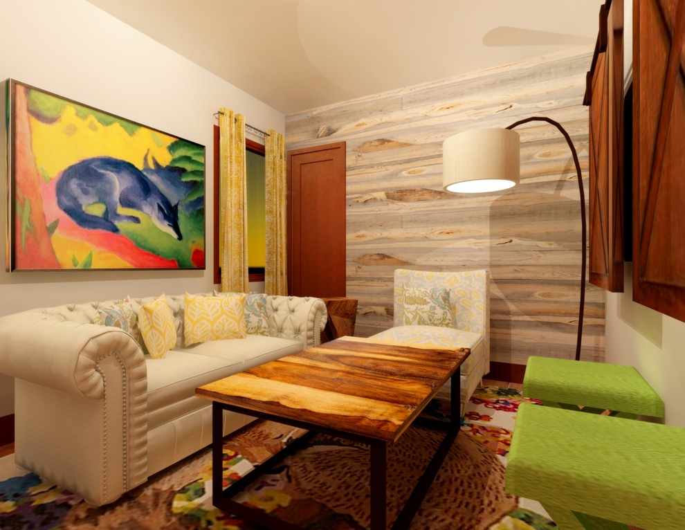 Foto på ett litet eklektiskt separat vardagsrum, med beige väggar, mellanmörkt trägolv och en väggmonterad TV