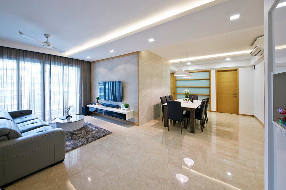 Ejemplo de salón para visitas abierto minimalista grande con paredes blancas y suelo de mármol