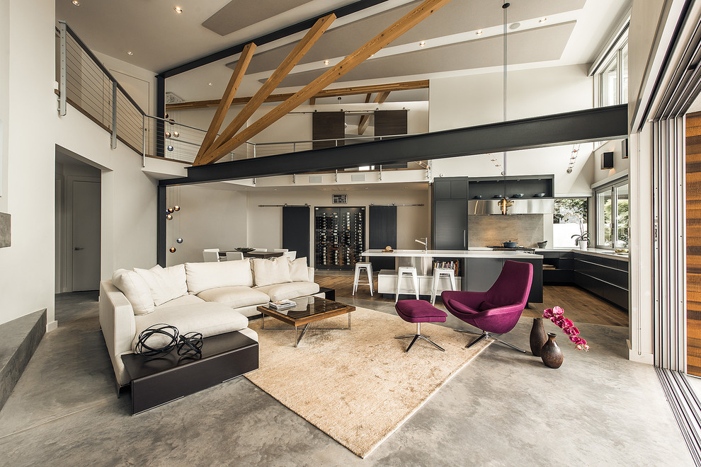 Стильный дизайн: большая двухуровневая гостиная комната в современном стиле с белыми стенами и бетонным полом - последний тренд