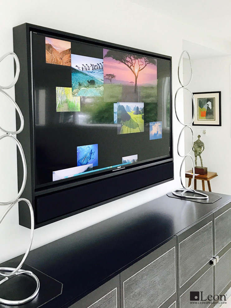 Cette image montre un petit salon design fermé avec un mur blanc et un téléviseur fixé au mur.