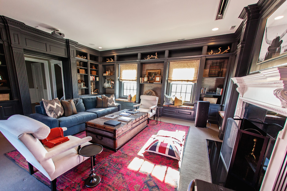 Example of a large eclectic formal and enclosed carpeted and beige floor living room design in Columbus with gray walls, a standard fireplace, a wood fireplace surround and no tv