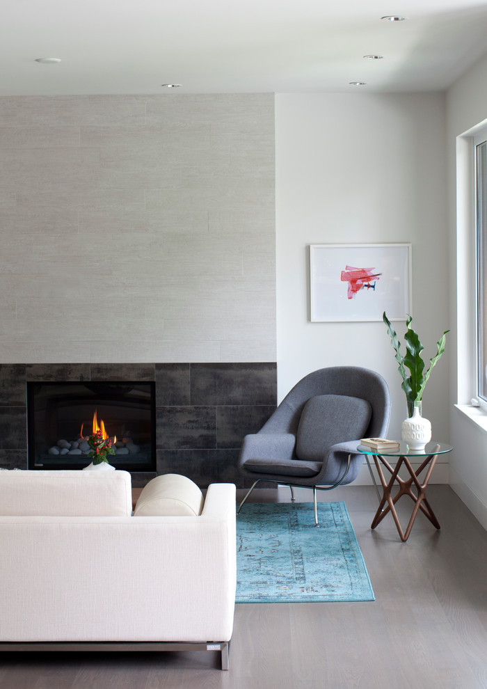 Immagine di un soggiorno contemporaneo con pareti bianche, parquet chiaro e nessuna TV