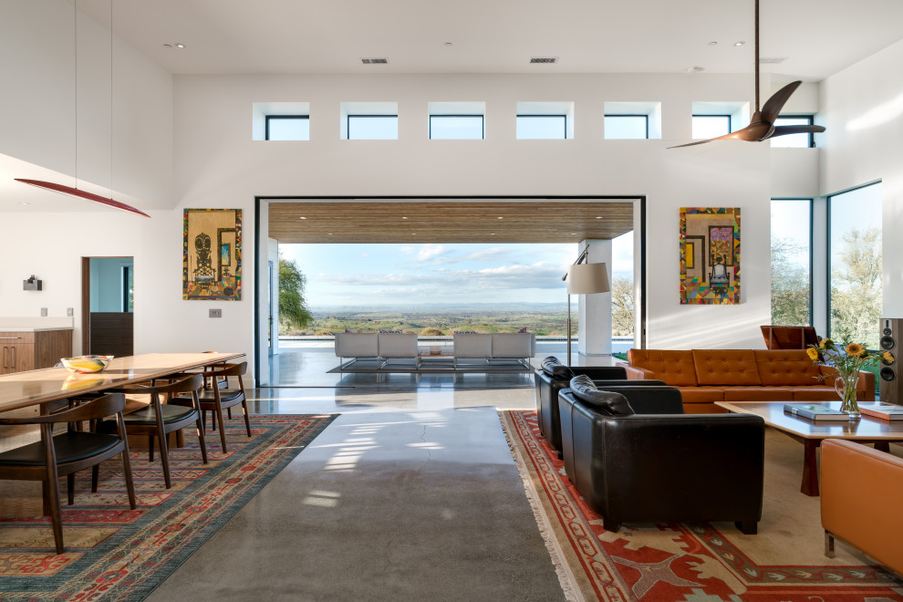 Mittelgroßes, Repräsentatives, Offenes Modernes Wohnzimmer mit weißer Wandfarbe, Betonboden, TV-Wand und gewölbter Decke in San Luis Obispo