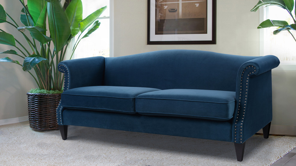 Elaine Camel Back Sofa, Satin Teal Transitional Living Room