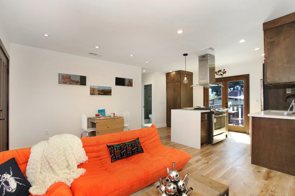 Foto di un piccolo soggiorno eclettico aperto con pareti bianche, parquet chiaro, nessun camino e TV a parete