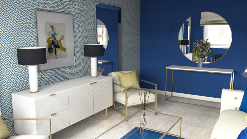 Idéer för ett mellanstort 60 tals separat vardagsrum, med ett finrum, blå väggar, heltäckningsmatta och beiget golv