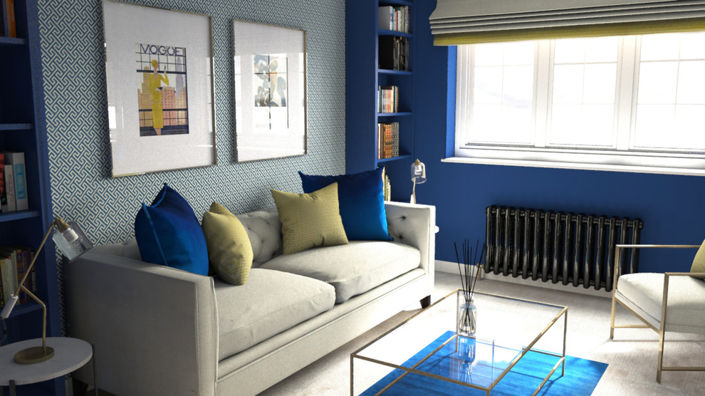 This is an example of a medium sized retro formal enclosed living room in London with blue walls, carpet, no fireplace, no tv and beige floors.
