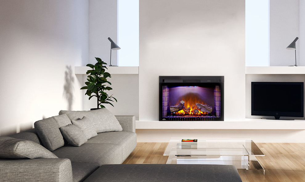 This is an example of a medium sized contemporary living room in Philadelphia with medium hardwood flooring, a metal fireplace surround, no tv, beige floors, white walls and a standard fireplace.