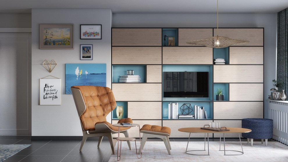 Inspiration för ett mellanstort minimalistiskt separat vardagsrum, med vita väggar, klinkergolv i keramik, en inbyggd mediavägg och blått golv
