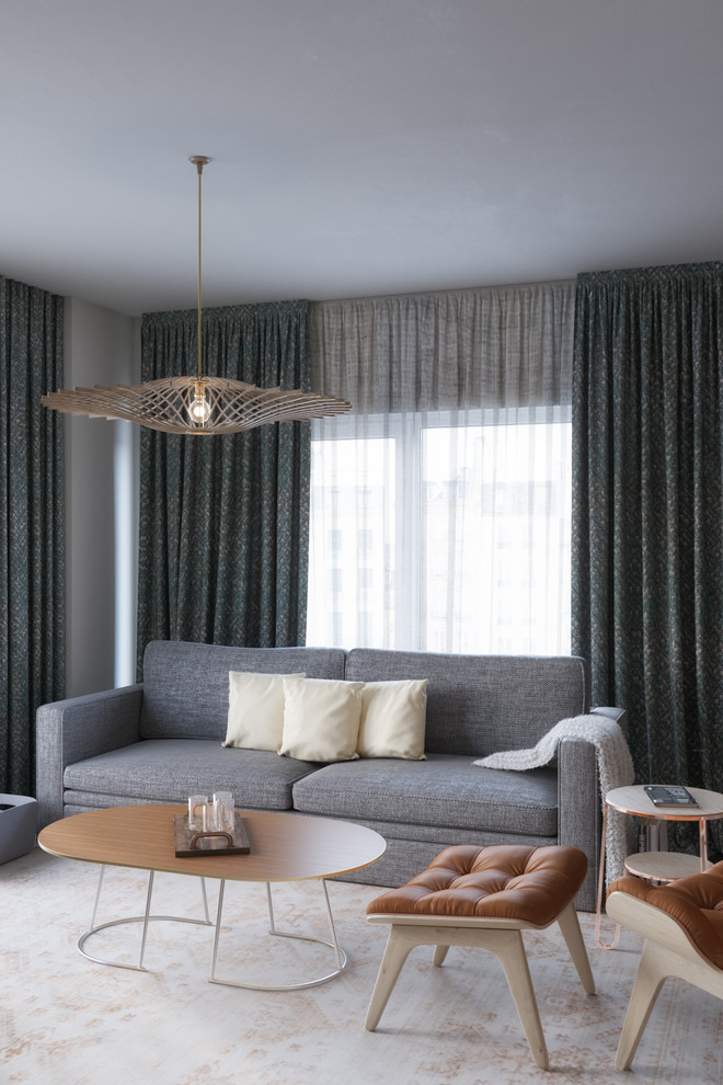 Esempio di un soggiorno nordico di medie dimensioni e chiuso con pareti bianche, pavimento con piastrelle in ceramica, parete attrezzata e pavimento blu