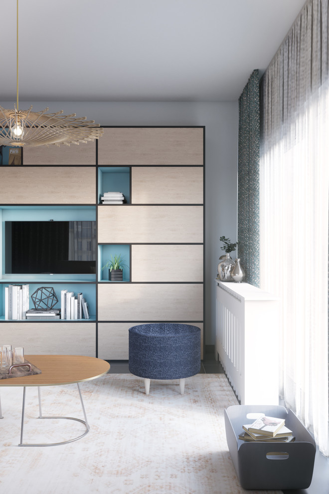 Diseño de salón cerrado nórdico de tamaño medio con paredes blancas, suelo de baldosas de cerámica, pared multimedia y suelo azul