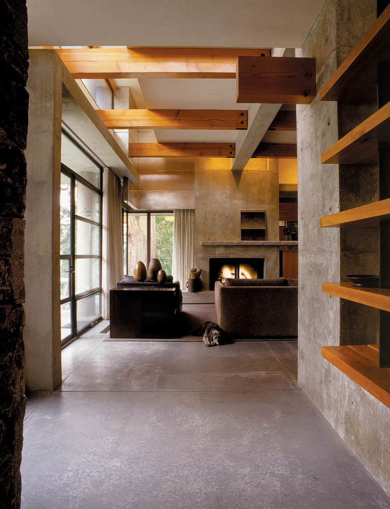 Idee per un grande soggiorno minimalista aperto con sala formale, pareti grigie, pavimento in cemento, camino classico e cornice del camino in cemento