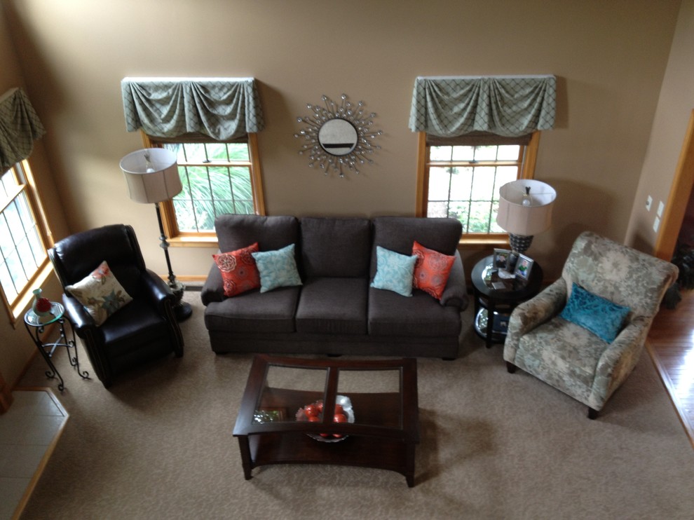 Mid-sized elegant formal and open concept carpeted living room photo in Cleveland with beige walls and no tv