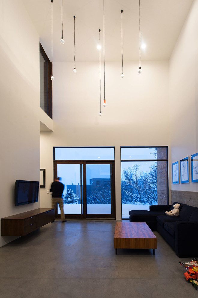 Пример оригинального дизайна: открытая гостиная комната среднего размера в современном стиле с белыми стенами, бетонным полом, печью-буржуйкой, фасадом камина из бетона и телевизором на стене