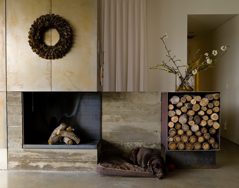 Idée de décoration pour un salon minimaliste avec sol en béton ciré, une cheminée standard et un manteau de cheminée en béton.