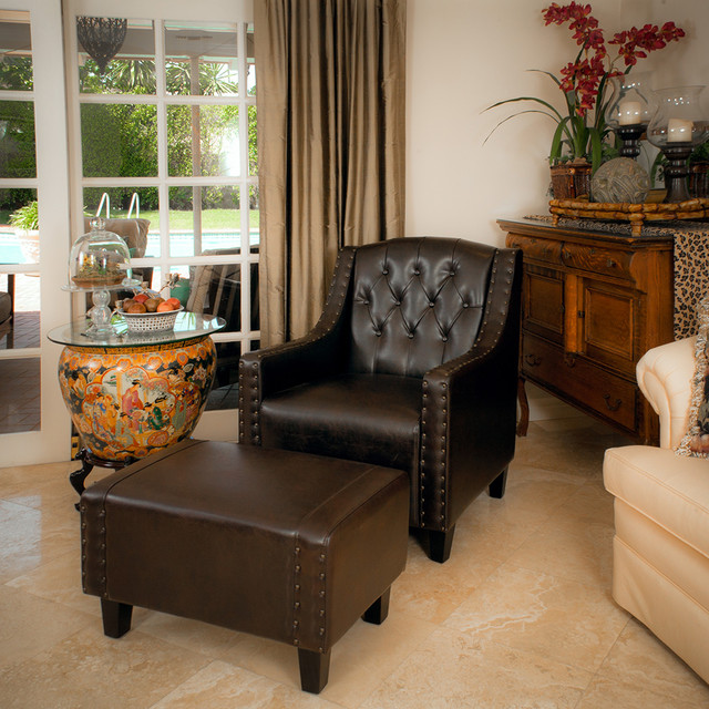 Empierre Brown Leather Club Chair & Ottoman Footstool Set w/ Nailhead  Accents - Modern - Living Room - Los Angeles - by GDFStudio