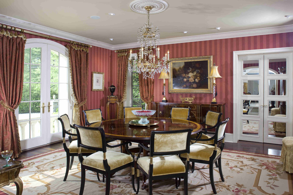 Large elegant carpeted dining room photo in Philadelphia with red walls