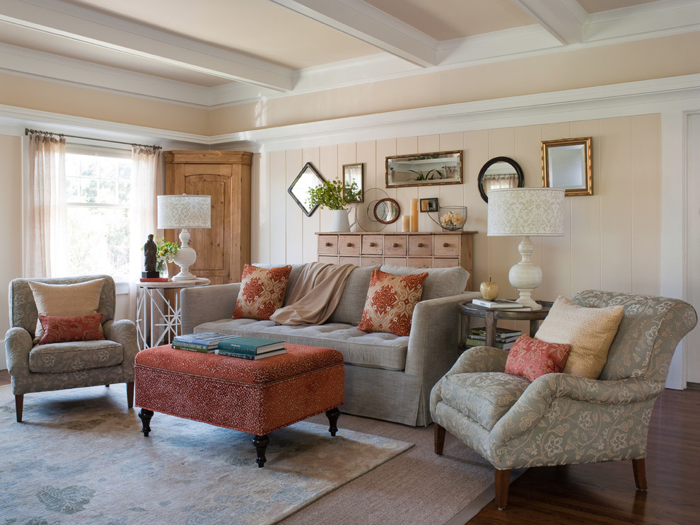 Inspiration for a mid-sized craftsman enclosed medium tone wood floor living room remodel in San Francisco with beige walls, a corner fireplace, a stone fireplace and a tv stand