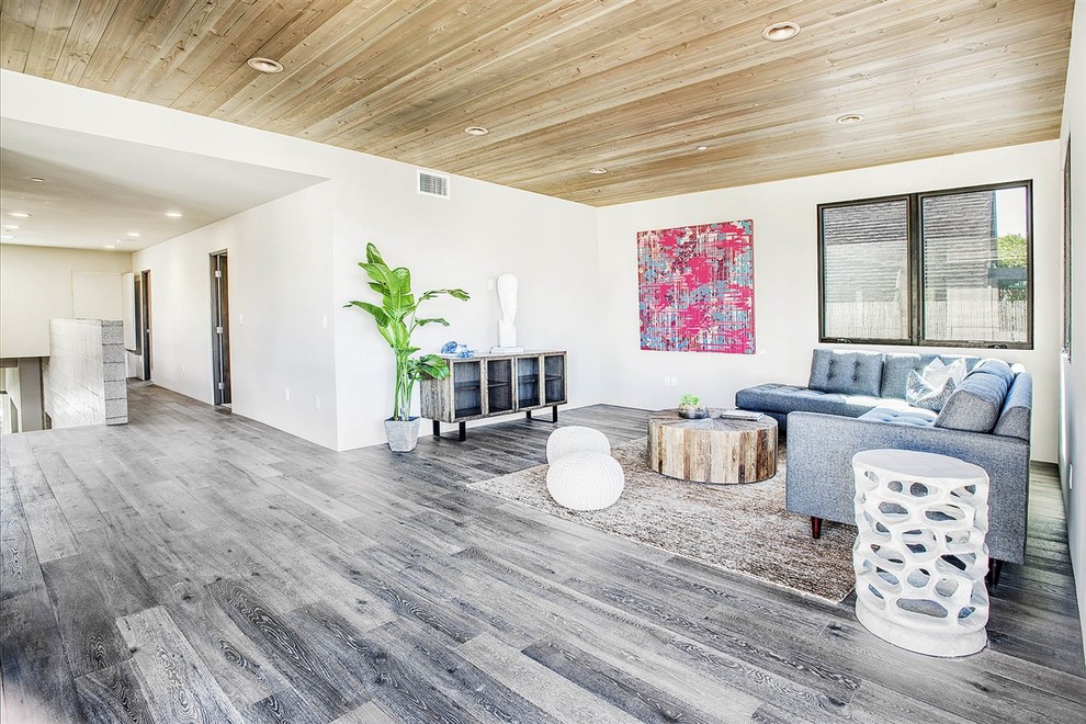 Photo of a large contemporary formal open plan living room in San Diego with grey walls, light hardwood flooring, no fireplace, no tv and grey floors.