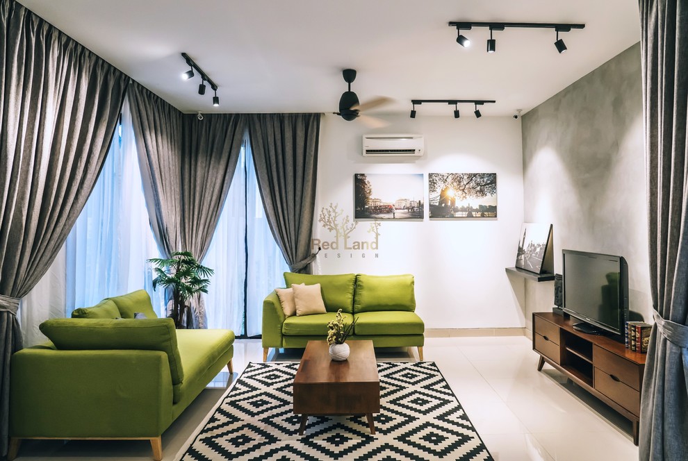 Idée de décoration pour un salon minimaliste de taille moyenne et fermé avec une salle de réception, un mur multicolore, un sol en carrelage de porcelaine, un téléviseur indépendant et un sol blanc.