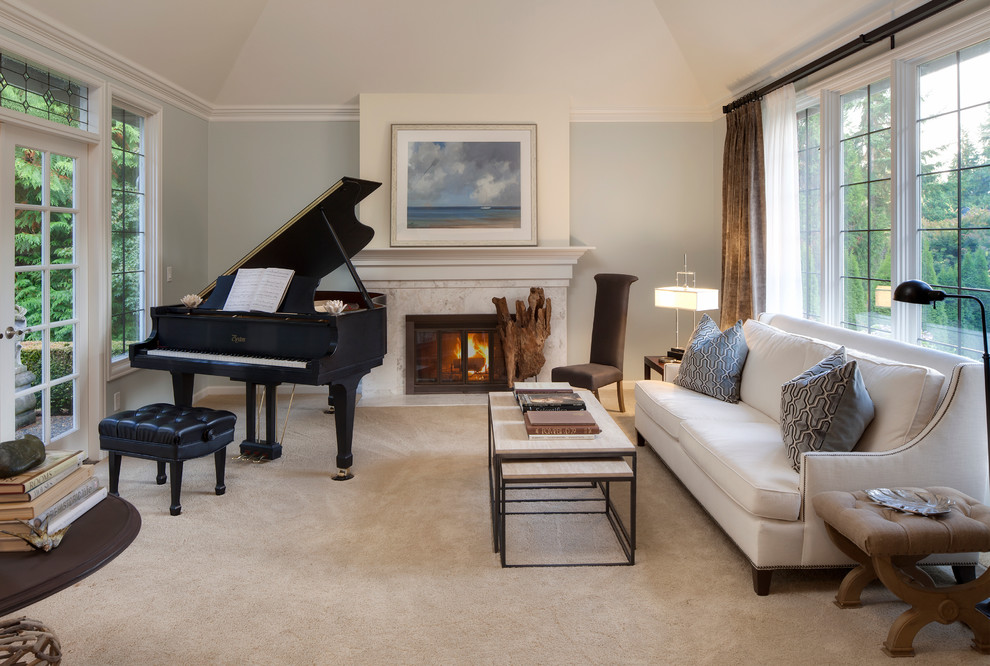 Elegant formal beige floor living room photo in Seattle