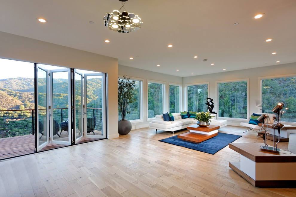Large contemporary living room in San Francisco with white walls, light hardwood flooring and beige floors.