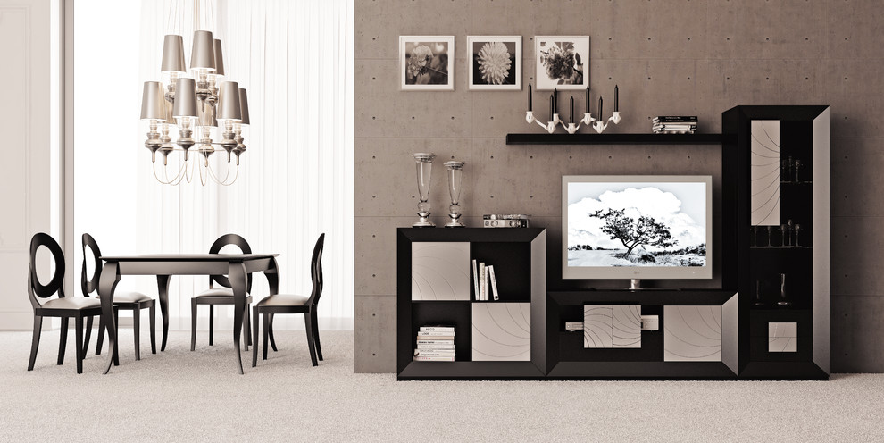 Cette image montre un salon design de taille moyenne avec un mur noir et un téléviseur indépendant.