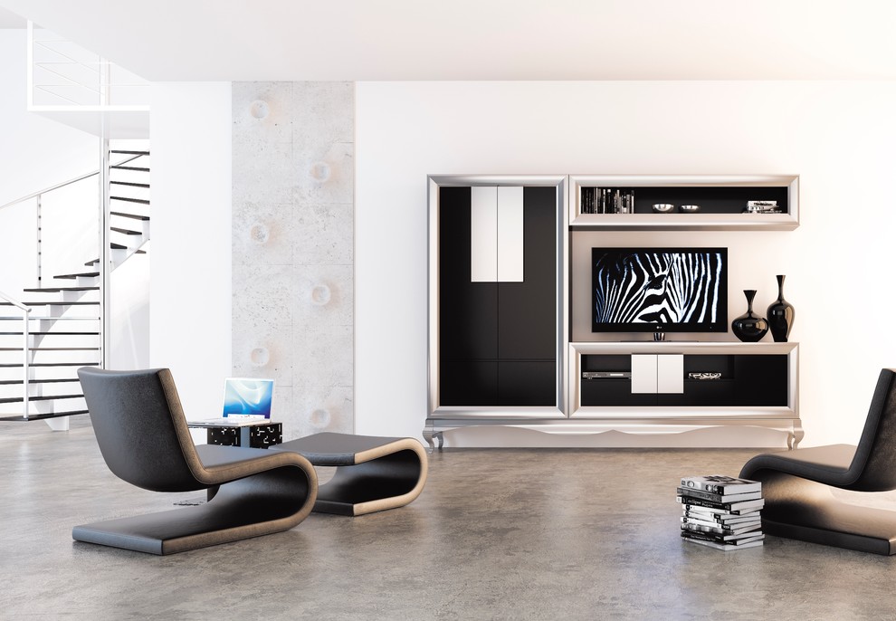 Идея дизайна: гостиная комната в стиле модернизм с отдельно стоящим телевизором