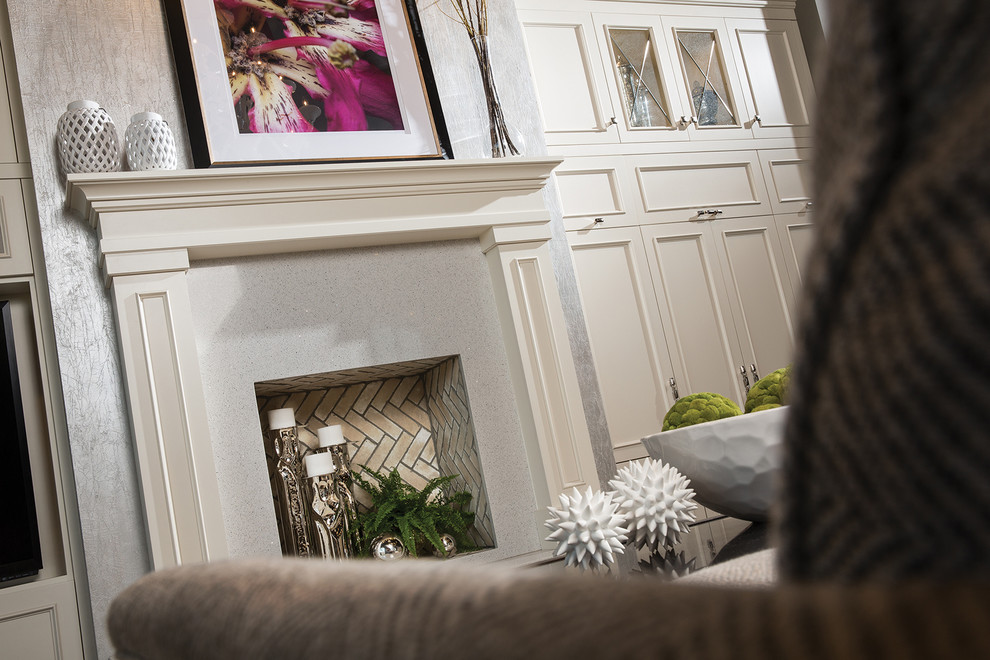 Inspiration for a large transitional formal and open concept dark wood floor and brown floor living room remodel in Minneapolis with gray walls, a standard fireplace, a stone fireplace and a media wall