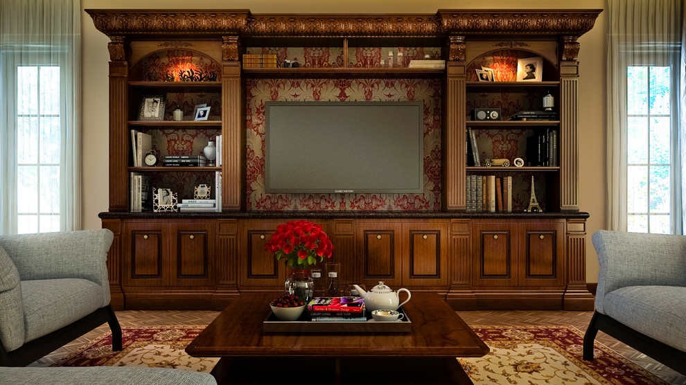 Пример оригинального дизайна: гостиная комната среднего размера в классическом стиле с домашним баром и телевизором на стене