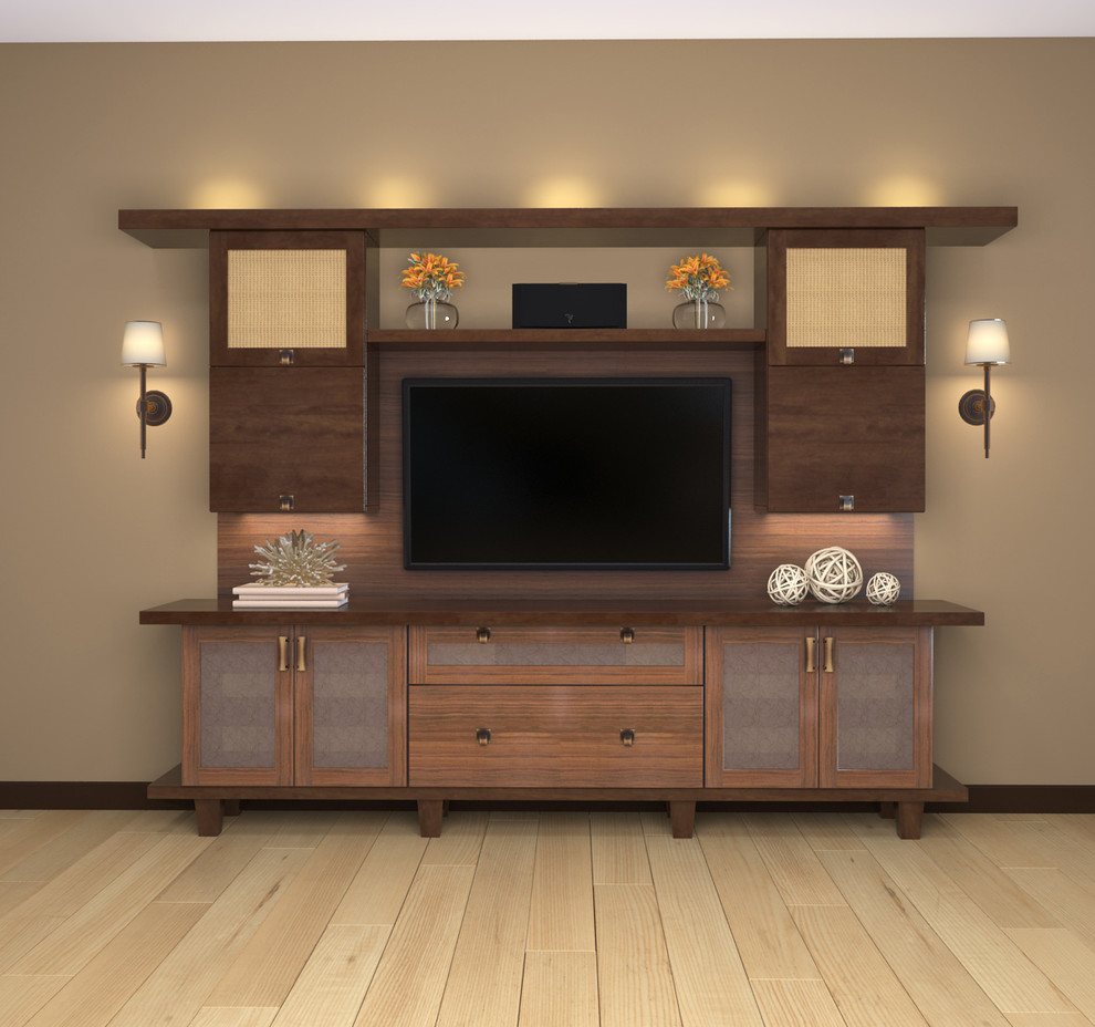 Example of a small trendy open concept light wood floor living room design in Los Angeles with beige walls, a wall-mounted tv and no fireplace