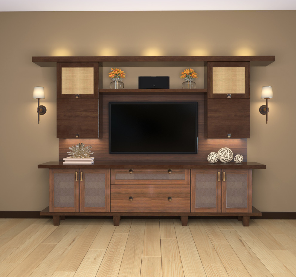 Foto de salón abierto actual pequeño sin chimenea con paredes beige, televisor colgado en la pared y suelo de madera clara