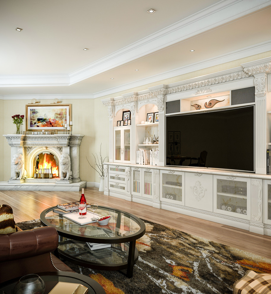 Large open concept living room photo in Richmond with beige walls, a corner fireplace and a media wall