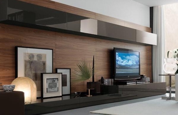 Cette image montre un grand salon design avec un téléviseur fixé au mur.
