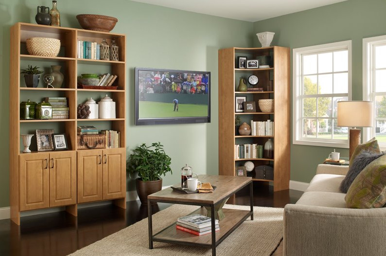 Example of a large transitional formal and enclosed dark wood floor and brown floor living room design in Toronto with green walls, no fireplace and a wall-mounted tv