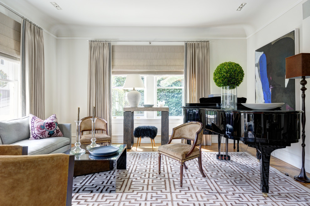 This is an example of a classic living room in New York with white walls and medium hardwood flooring.