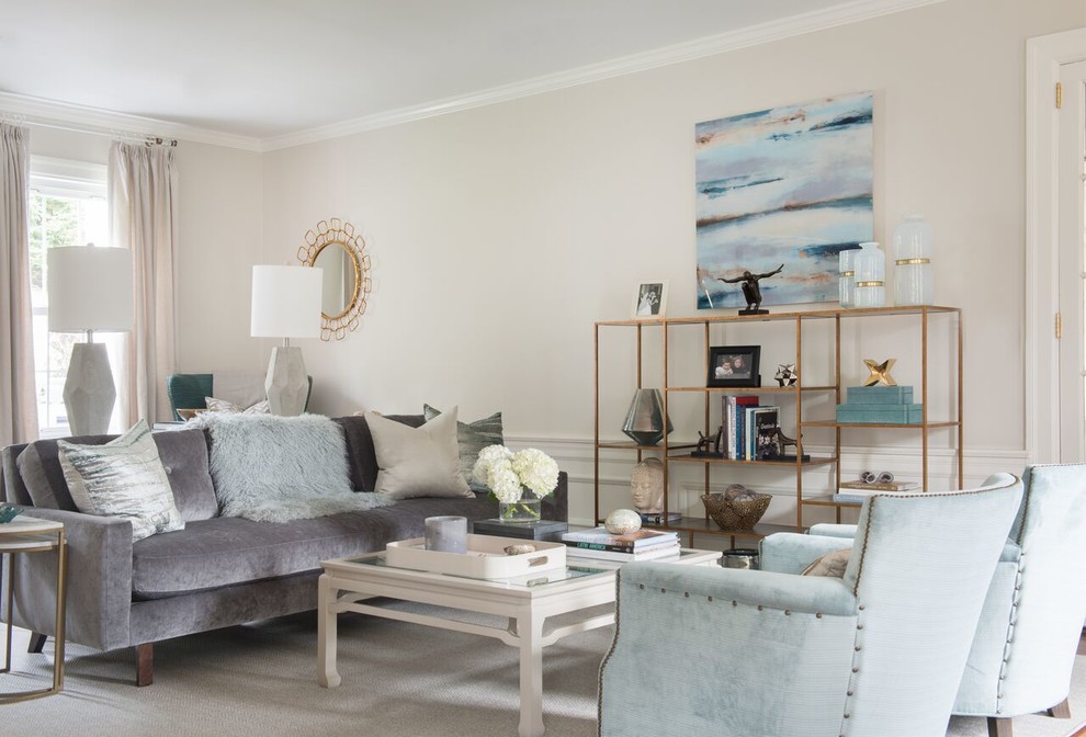 Photo of a medium sized classic formal enclosed living room in DC Metro with beige walls, dark hardwood flooring, a standard fireplace, a stone fireplace surround, no tv, brown floors and feature lighting.