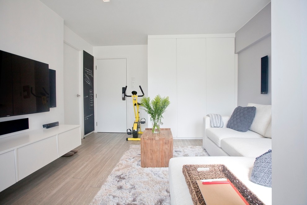 Foto de salón moderno pequeño con suelo de madera clara