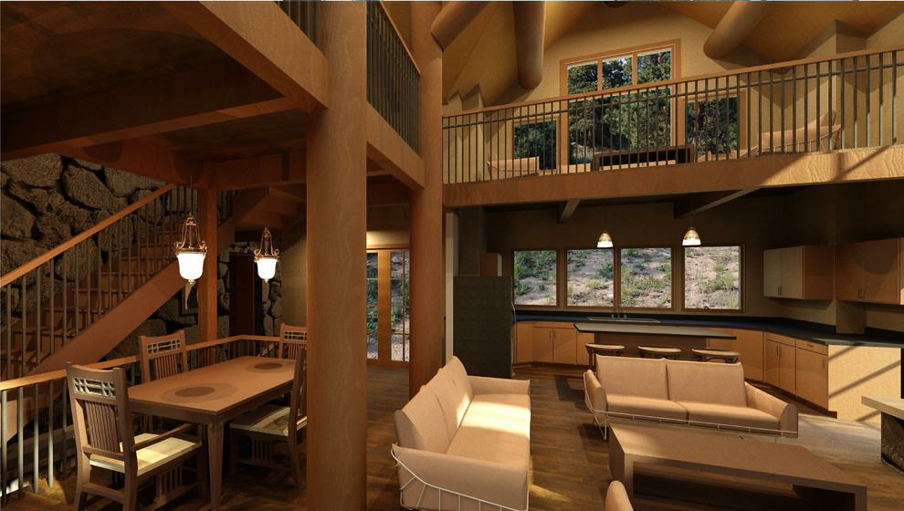 Ejemplo de salón tipo loft rural de tamaño medio con paredes beige, suelo de madera en tonos medios, todas las chimeneas y marco de chimenea de piedra