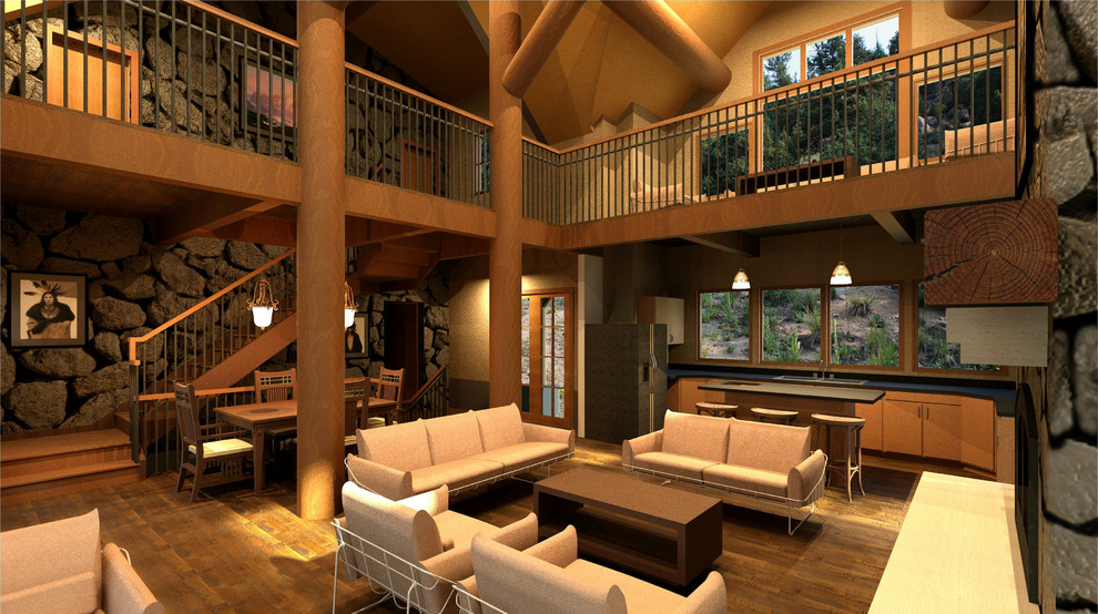 Photo of a medium sized rustic mezzanine living room in Denver with beige walls, medium hardwood flooring, a standard fireplace, a stone fireplace surround and a freestanding tv.