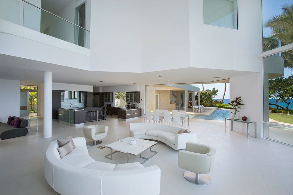 Example of a large trendy open concept and formal ceramic tile living room design in Hawaii with white walls