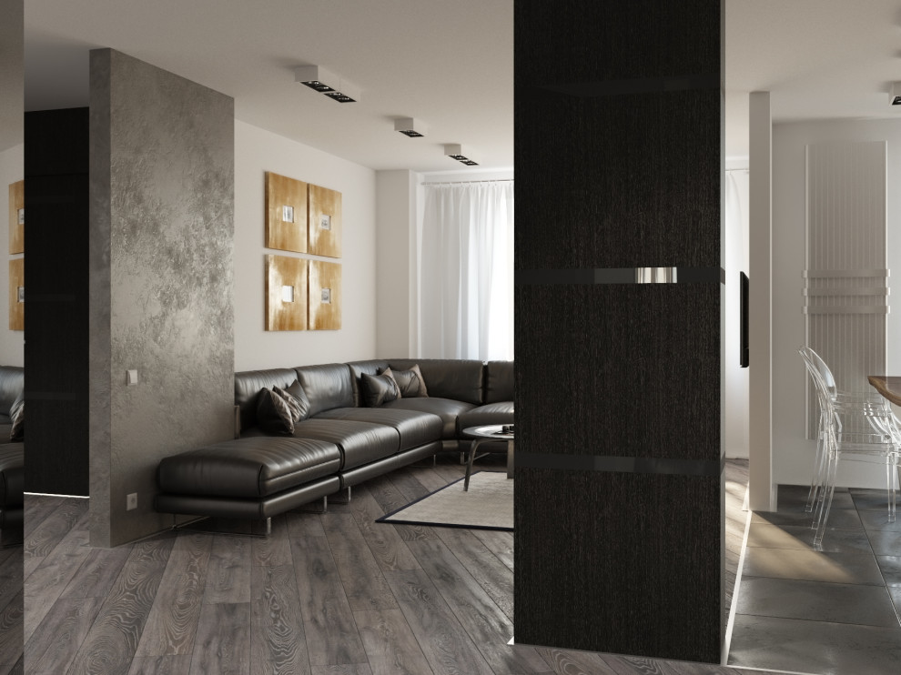 Ispirazione per un piccolo soggiorno design aperto con sala formale, pareti bianche, pavimento in legno verniciato, nessun camino e pavimento grigio