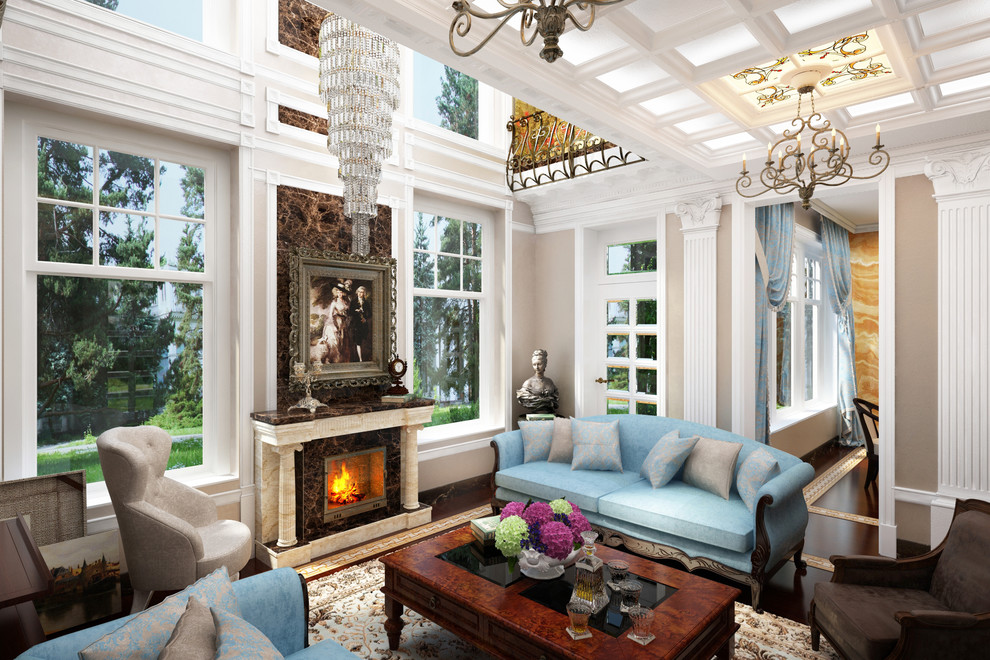 Inspiration for a large timeless open concept dark wood floor living room remodel in Atlanta with beige walls, a standard fireplace and a stone fireplace
