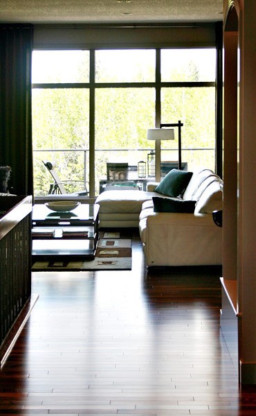 Esempio di un grande soggiorno moderno aperto con libreria, pareti beige, pavimento in legno massello medio e TV nascosta