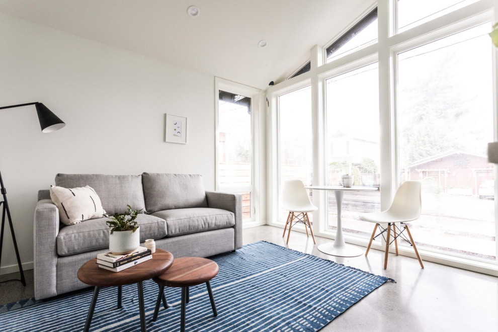 Foto di un piccolo soggiorno scandinavo aperto con pareti bianche e pavimento grigio