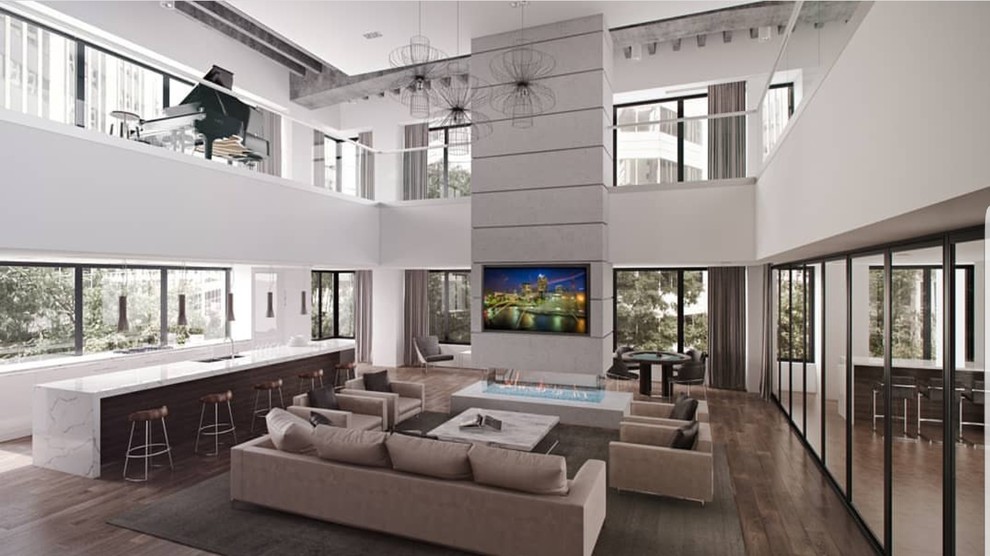 Exemple d'un grand salon moderne ouvert avec une salle de musique, un mur blanc, parquet foncé, une cheminée ribbon, un téléviseur encastré et un sol marron.