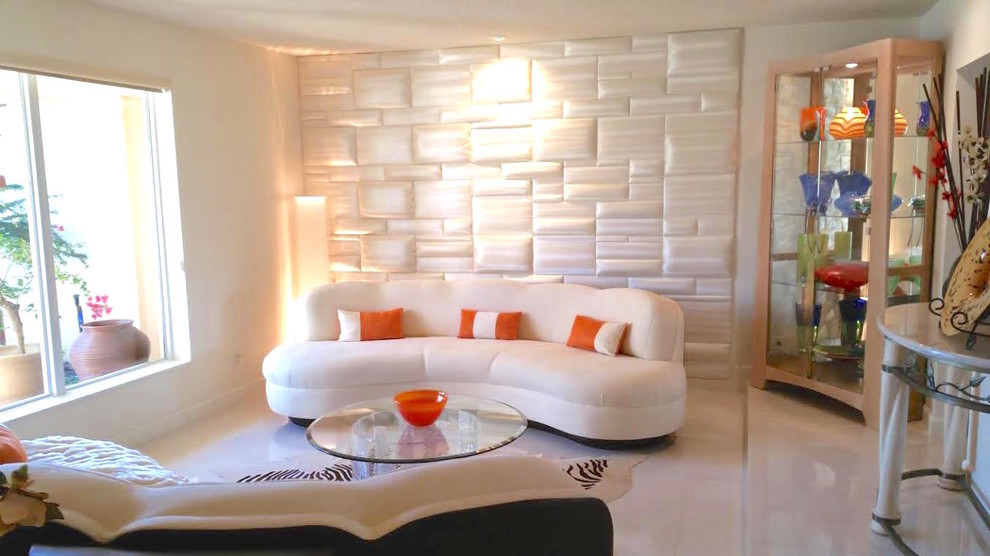 Idéer för mellanstora funkis separata vardagsrum, med vita väggar, linoleumgolv och beiget golv